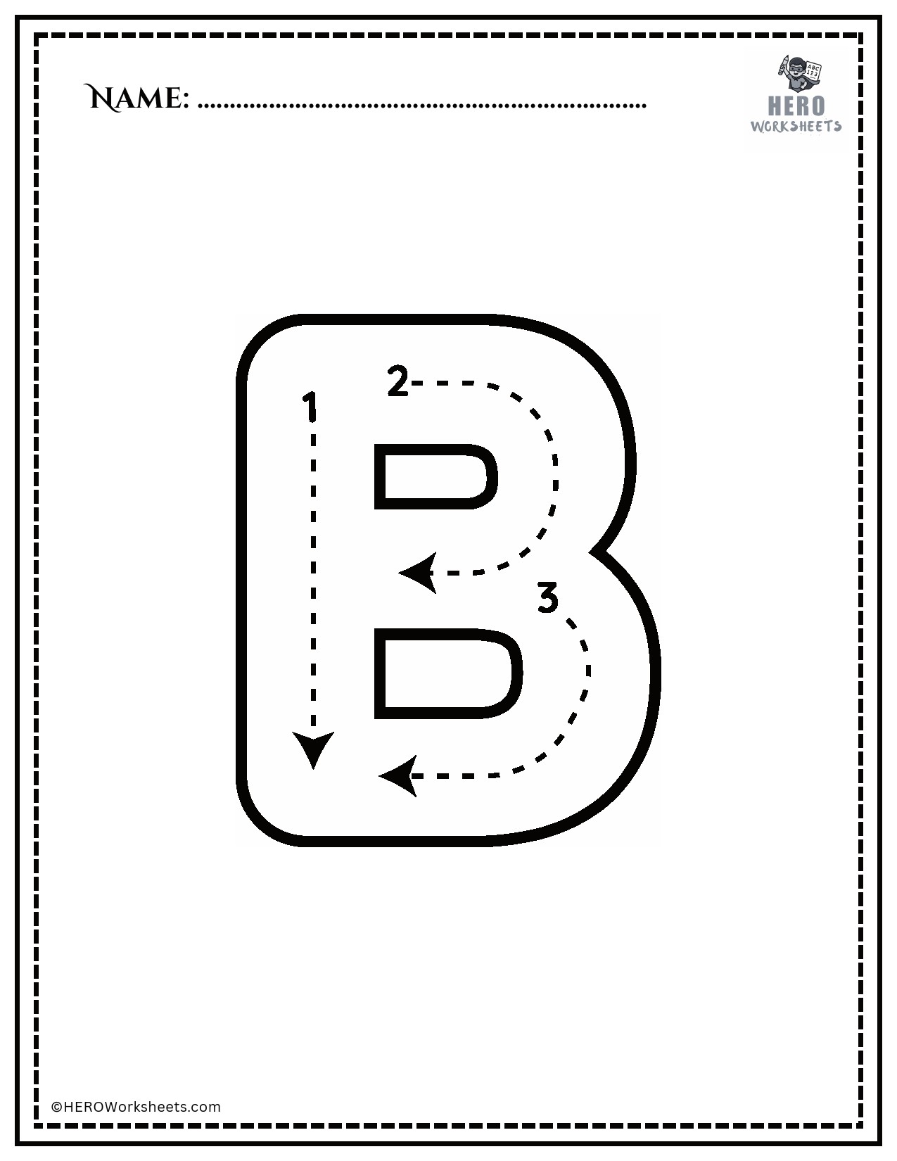 Black and White Uppercase B Tracing Alphabet Worksheet Printable