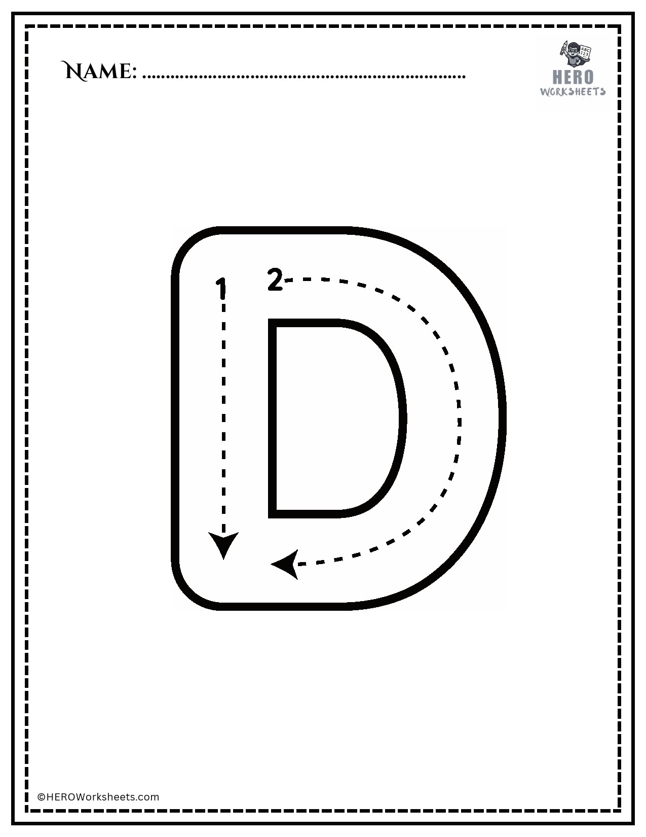 Black and White Uppercase D Tracing Alphabet Worksheet Printable