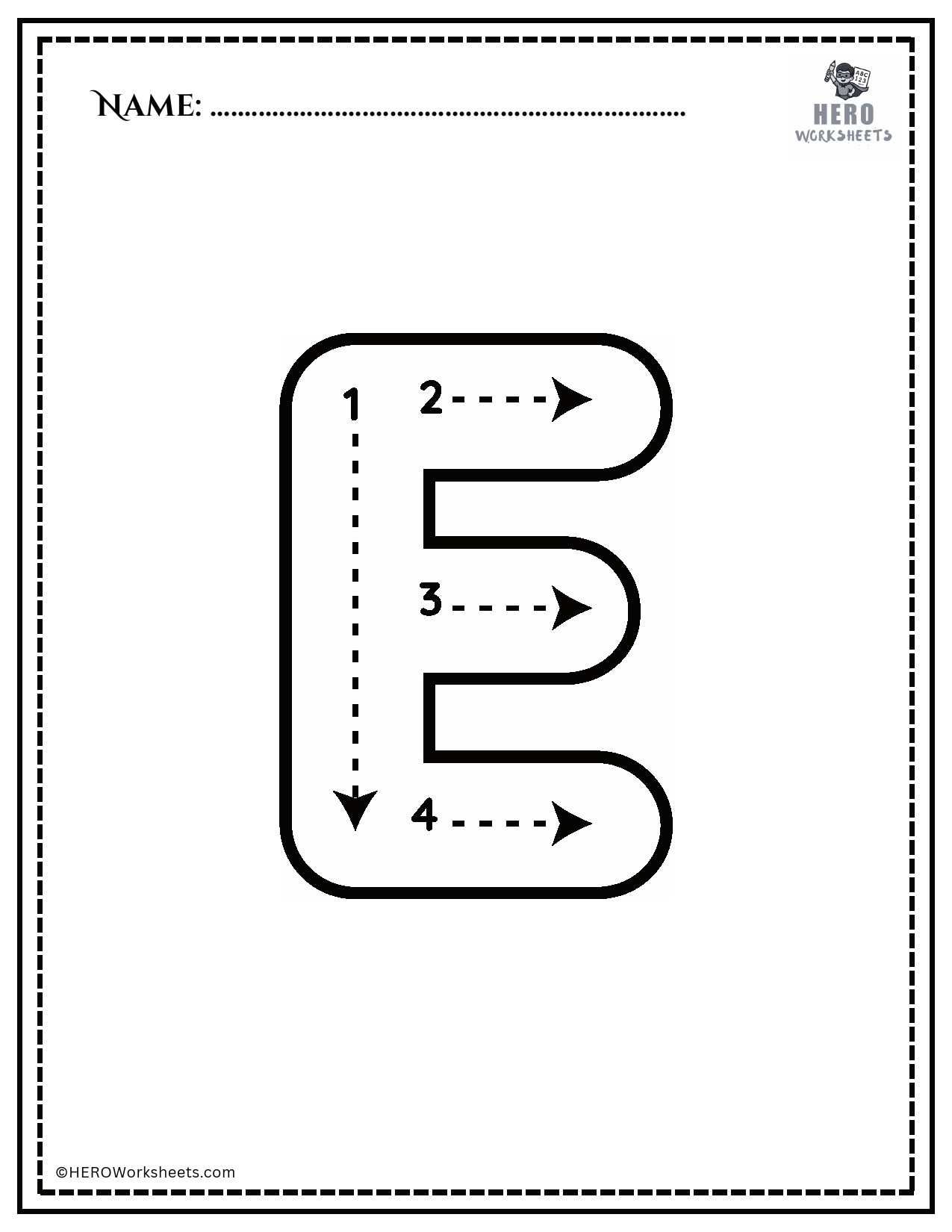 Black and White Uppercase E Tracing Alphabet Worksheet Printable