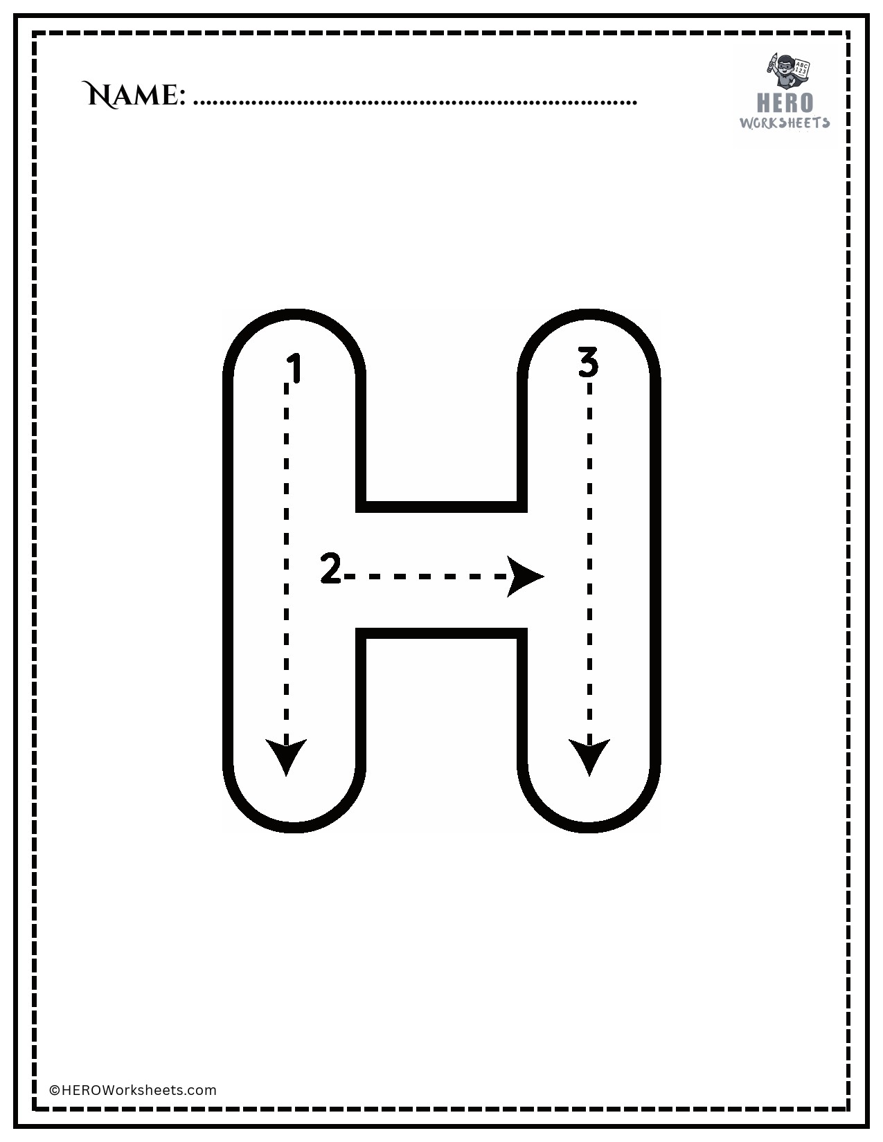 Black and White Uppercase H Tracing Alphabet Worksheet Printable