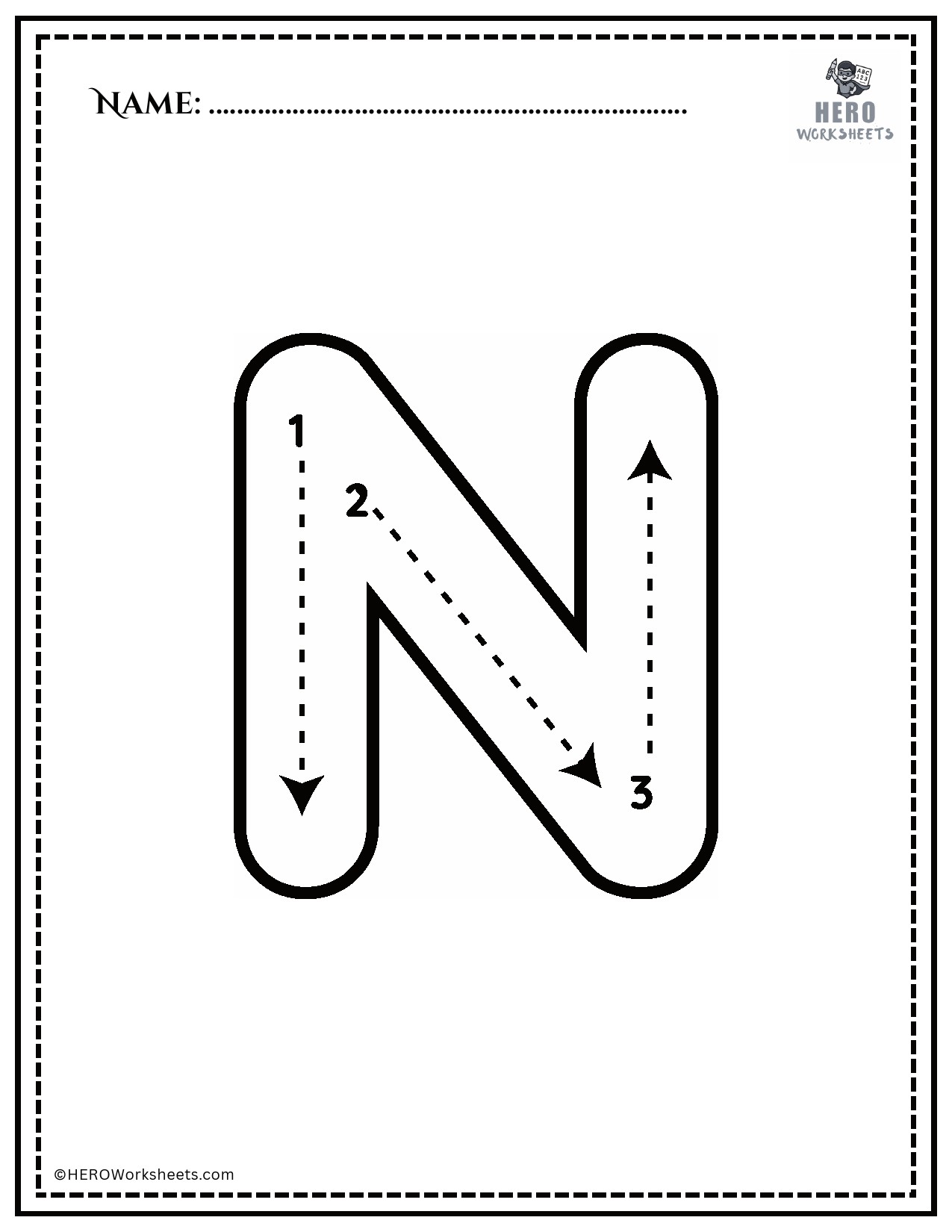 Black and White Uppercase N Tracing Alphabet Worksheet Printable