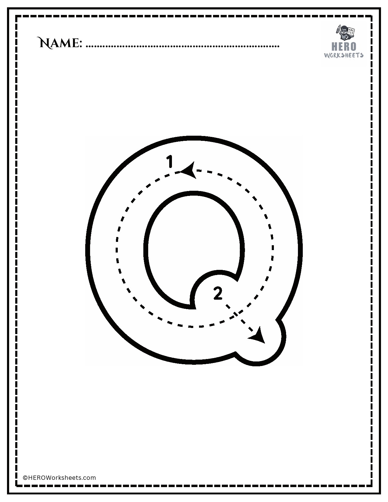 Black and White Uppercase Q Tracing Alphabet Worksheet Printable