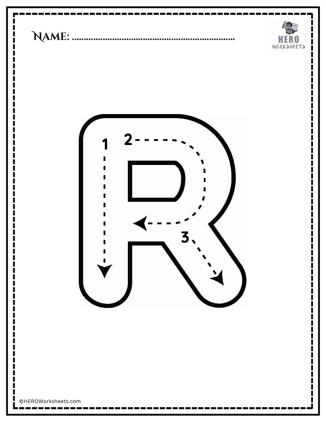Black and White Uppercase R Tracing Alphabet Worksheet Printable