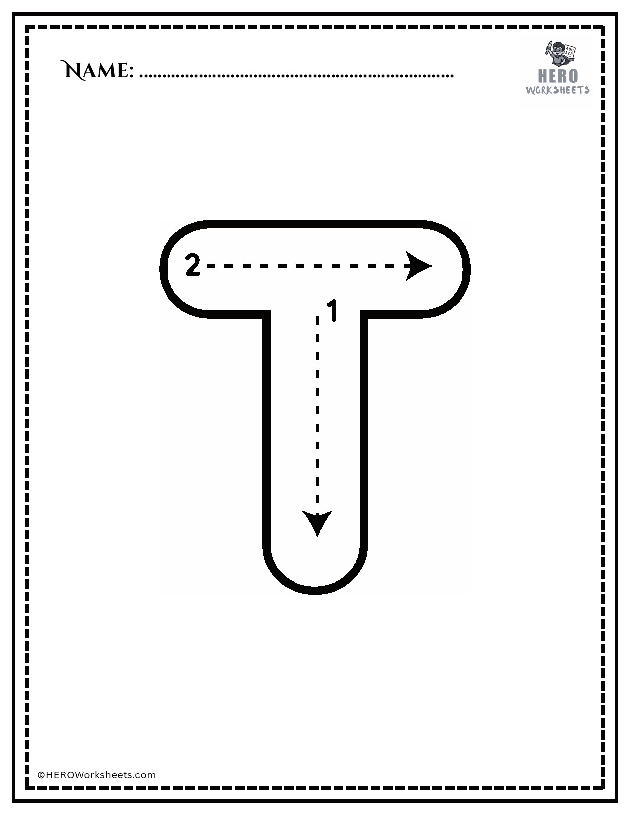 Black and White Uppercase T Tracing Alphabet Worksheet Printable
