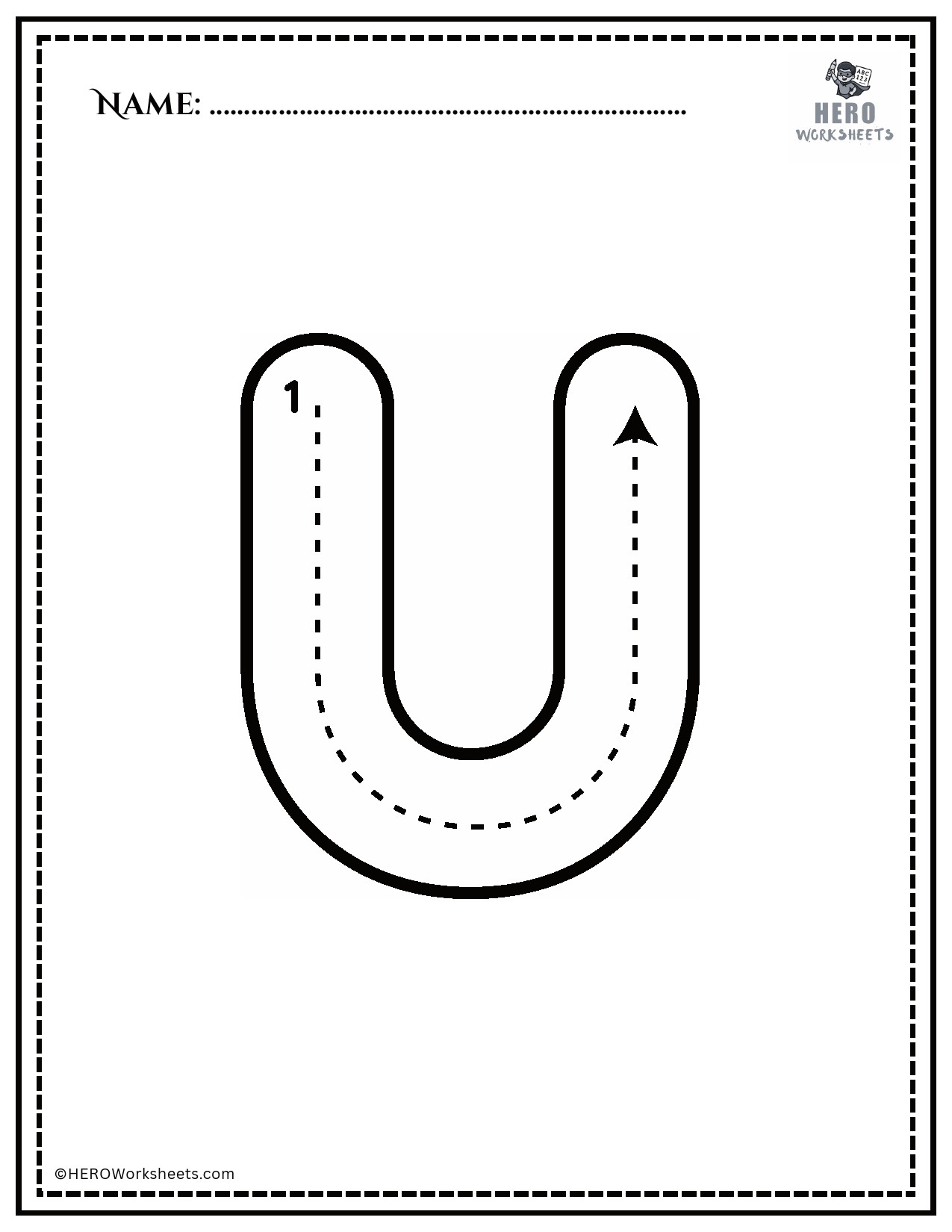 Black and White Uppercase U Tracing Alphabet Worksheet Printable