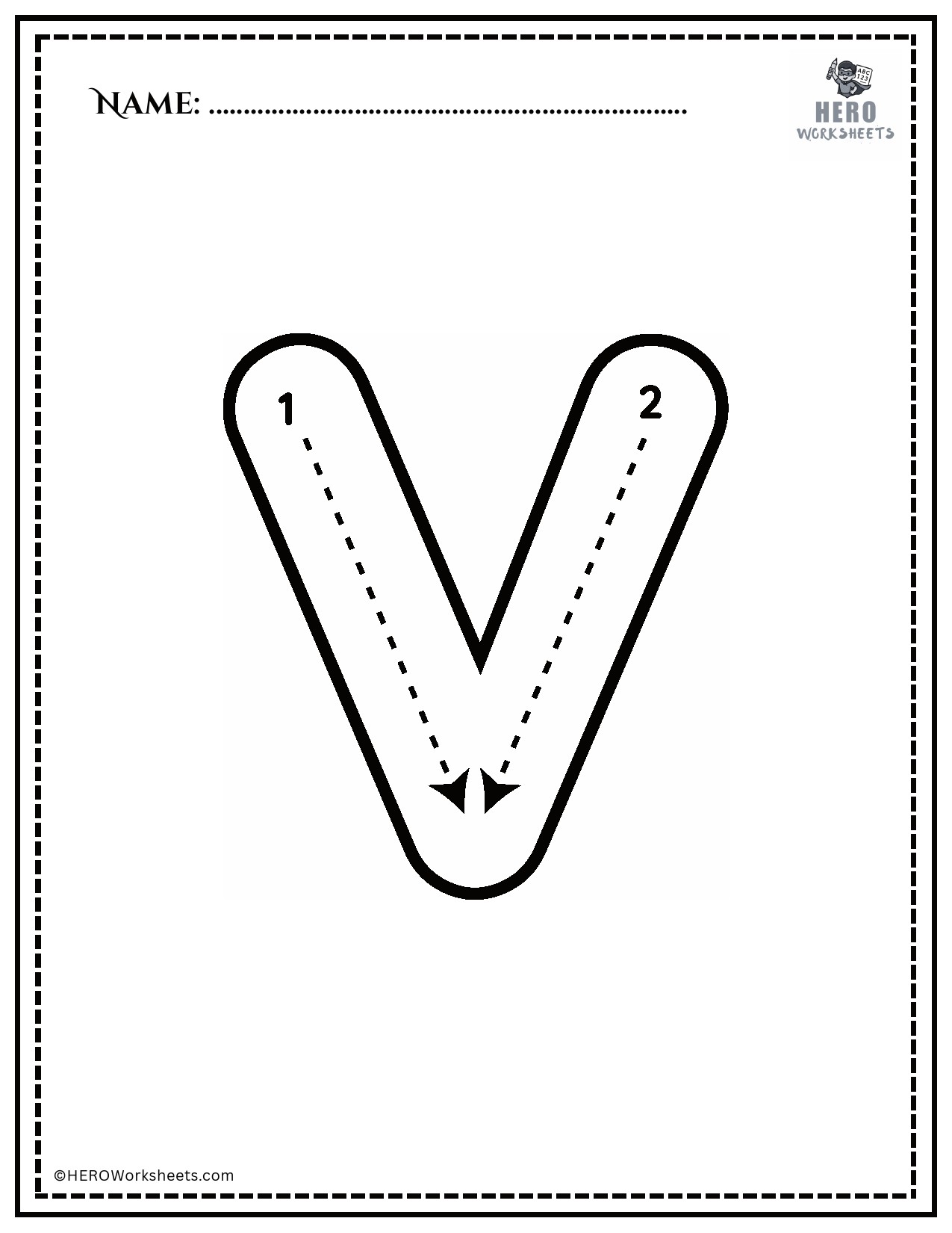 Black and White Uppercase V Tracing Alphabet Worksheet Printable