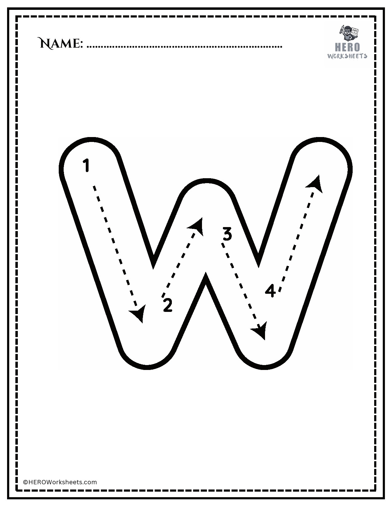 Black and White Uppercase W Tracing Alphabet Worksheet Printable
