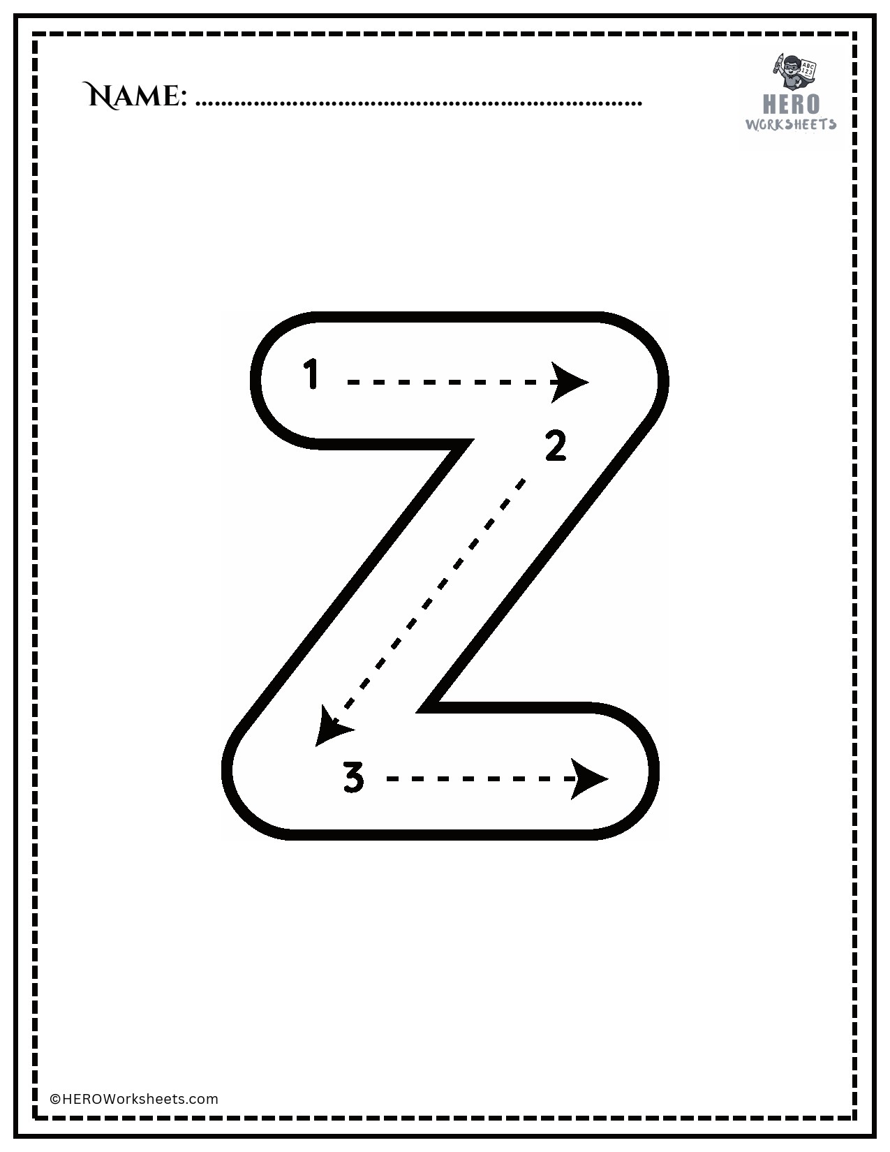 Black and White Uppercase Z Tracing Alphabet Worksheet Printable