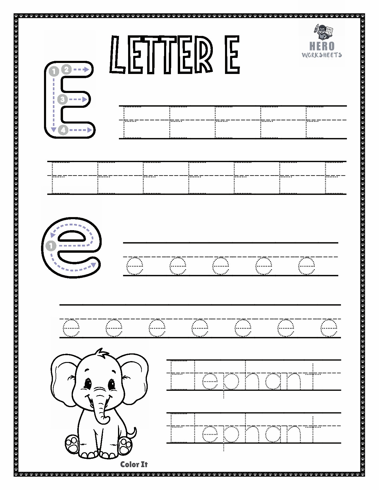 Letter E to Trace in Tracing the letters of the alphabet worksheets bundle
