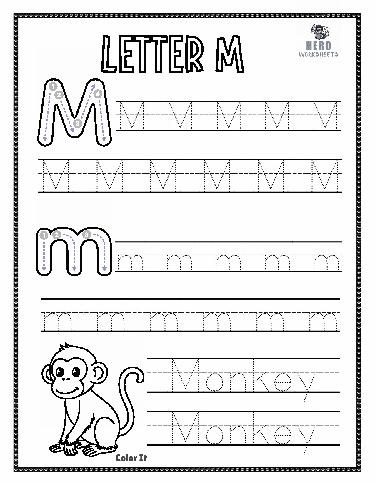 Letter M to Trace in tracing the letters of the alphabet worksheet