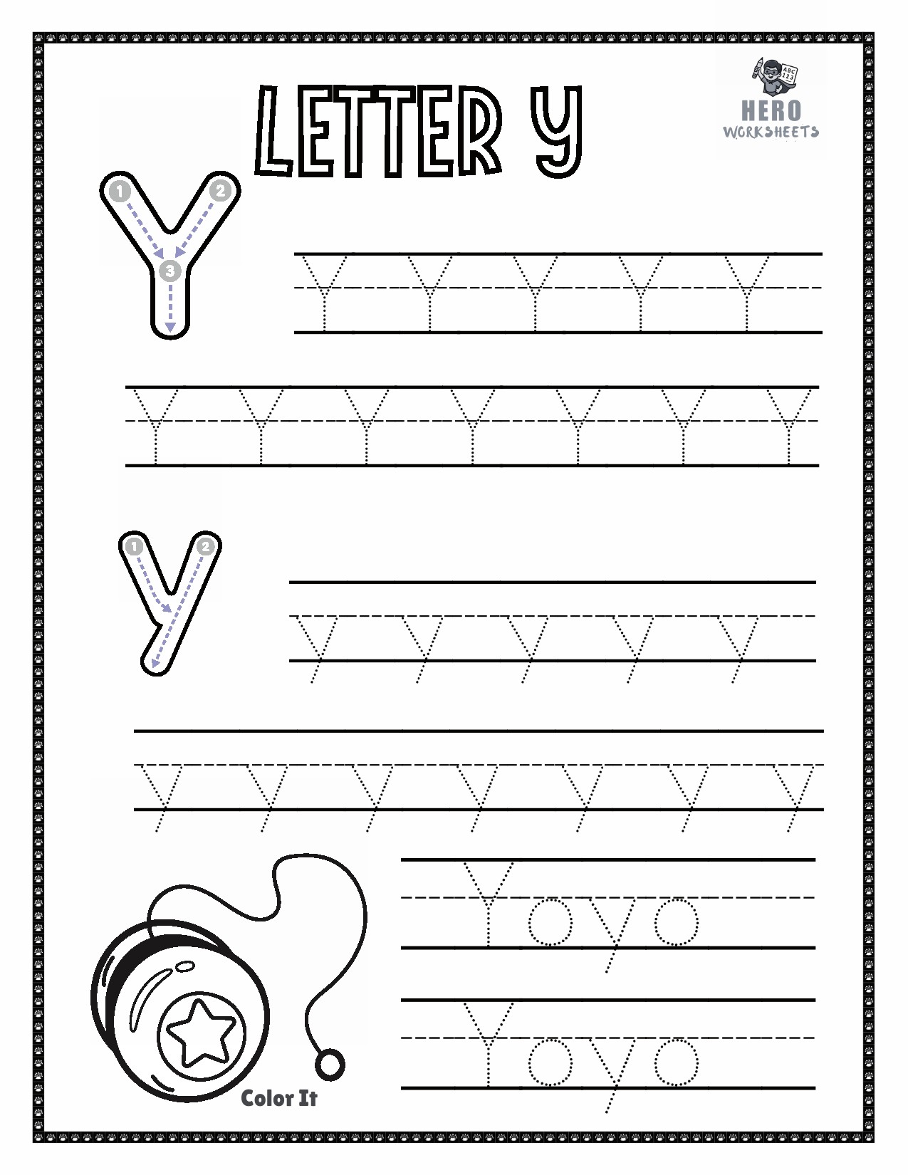 Letter Y to Trace in tracing the letters of the alphabet worksheets bundle printables