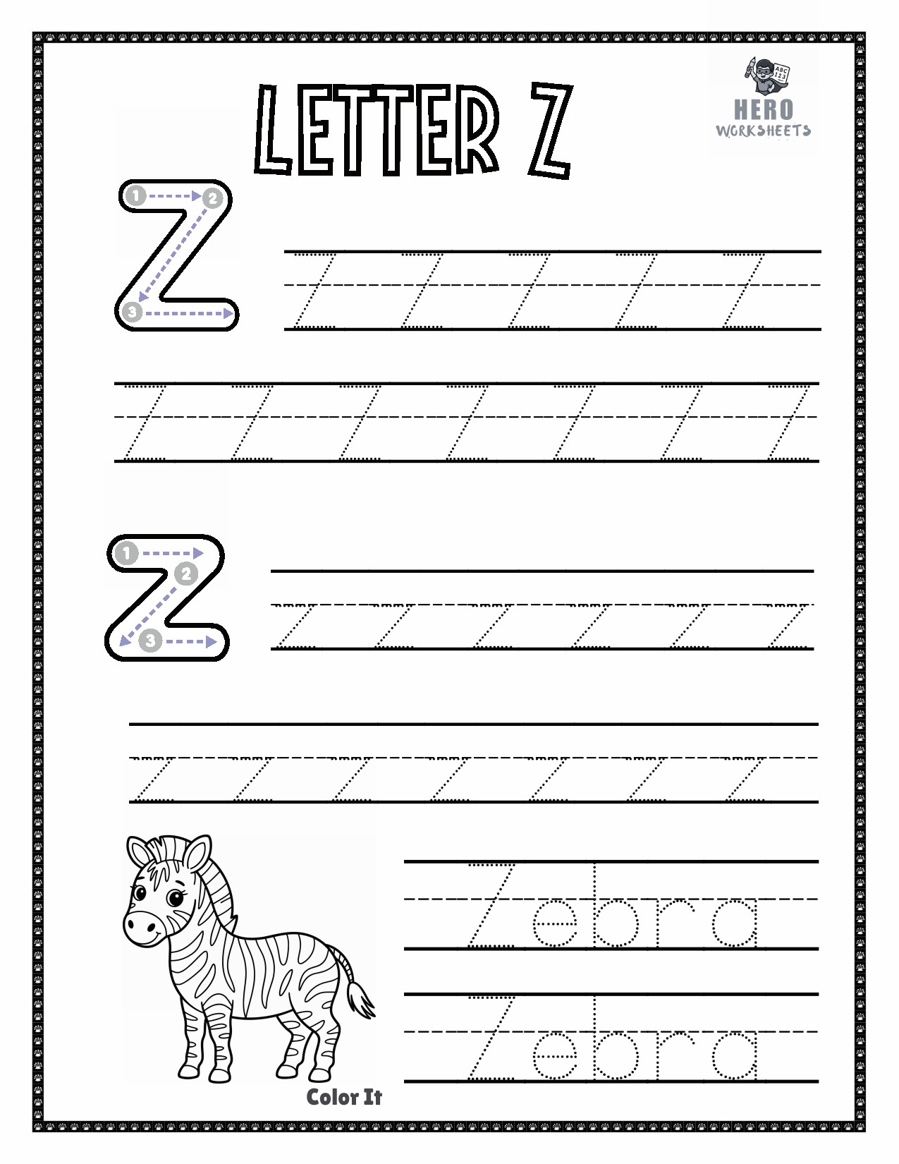 Letter Z to Trace in tracing the letters of the alphabet worksheets bundle