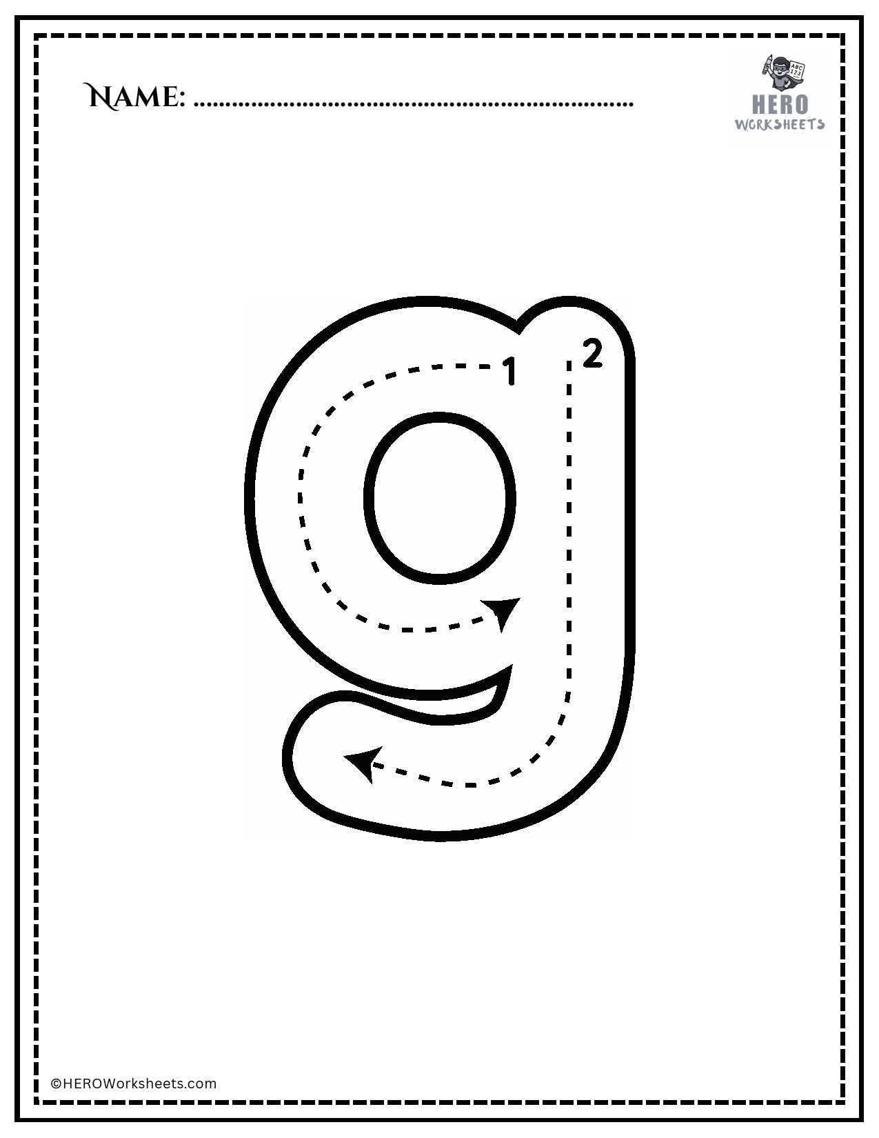 Lowercase letter g tracing printable worksheet
