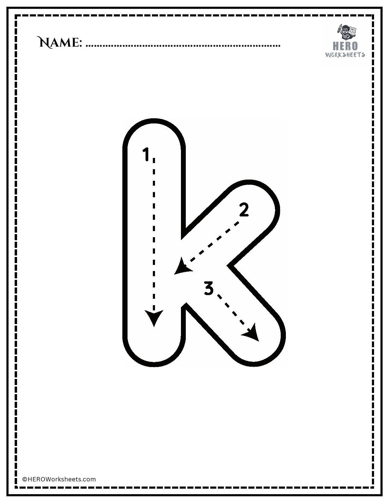 Lowercase letter k tracing printable worksheet
