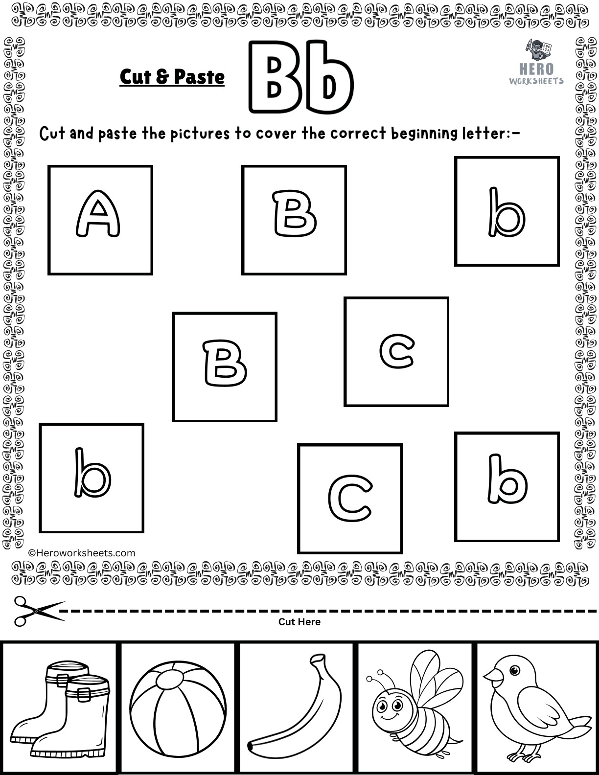 Alphabet Letter B Cut and Paste Worksheets Printable