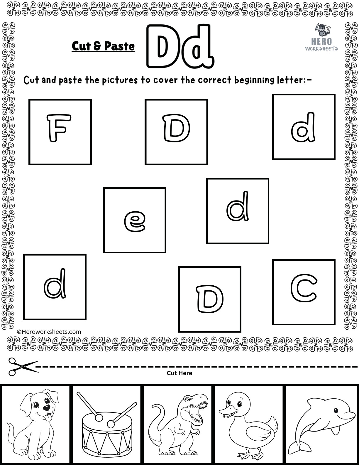 Alphabet Letter D Cut and Paste Worksheets Printable