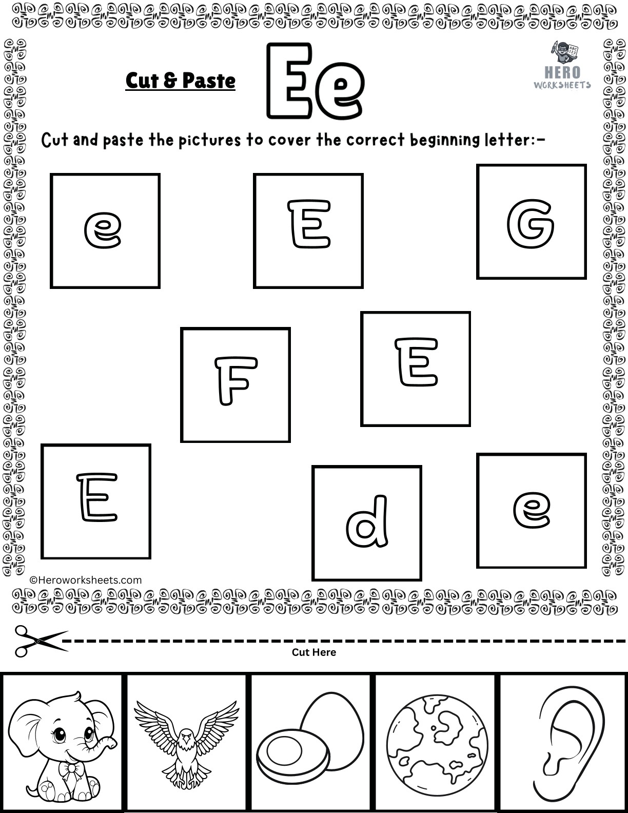 Alphabet Letter E Cut and Paste Worksheets Printable