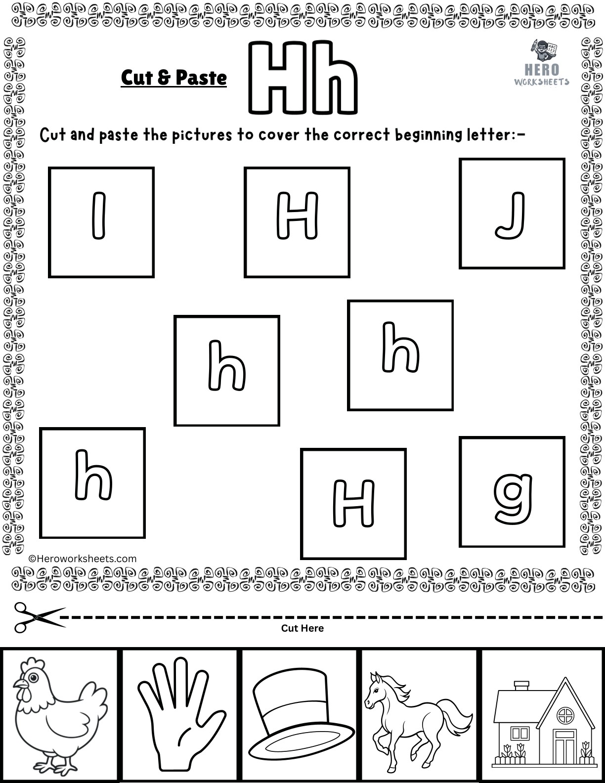 Alphabet Letter H Cut and Paste Worksheets Printable