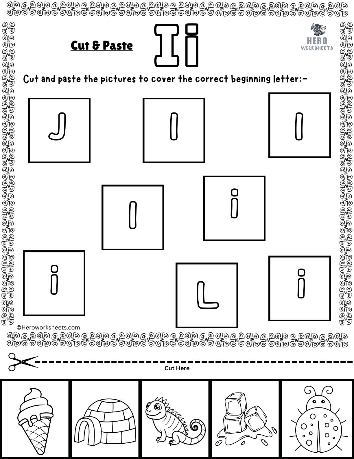 Alphabet Letter I Cut and Paste Worksheets Printable