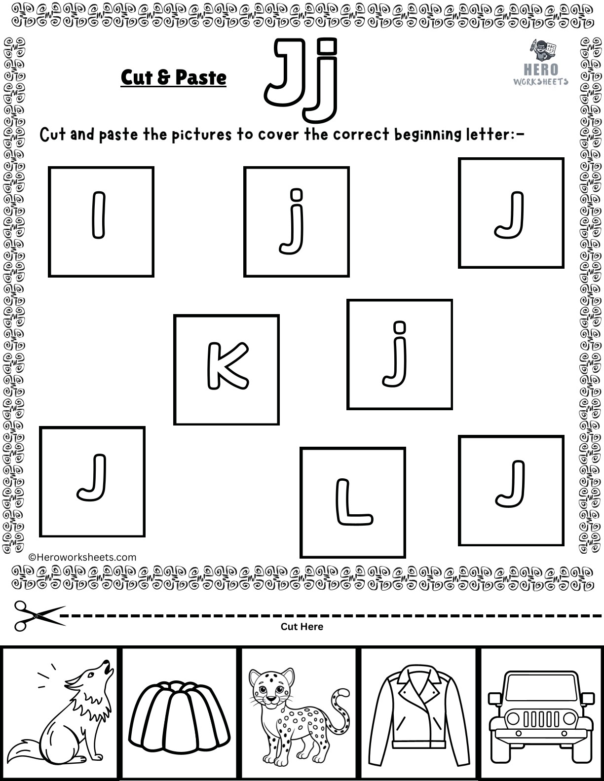 Alphabet Letter J Cut and Paste Worksheets Printable