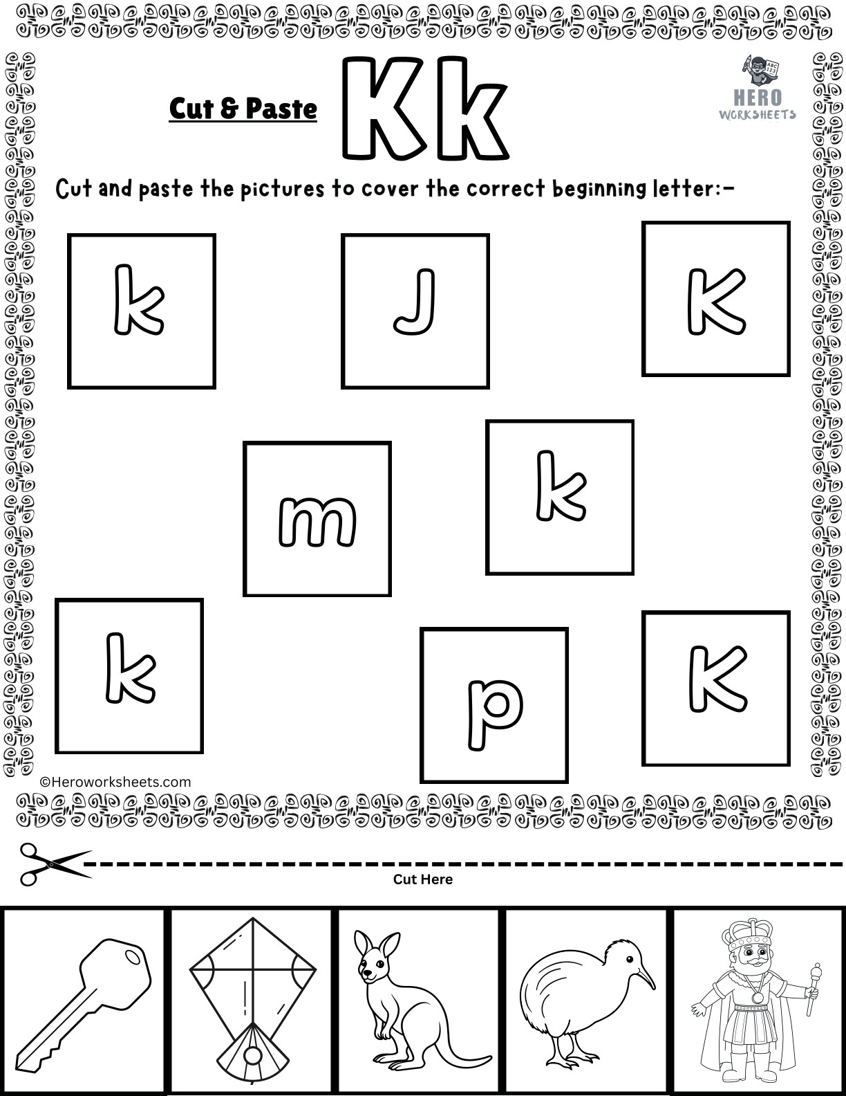 Alphabet Letter K Cut and Paste Worksheets Printable