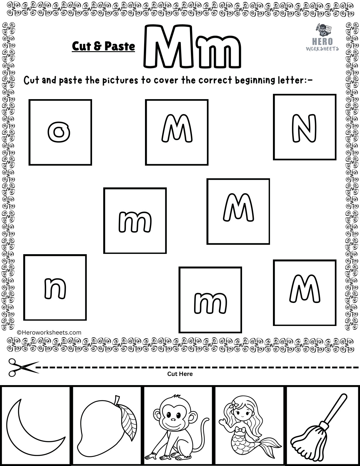 Alphabet Letter M Cut and Paste Worksheets Printable