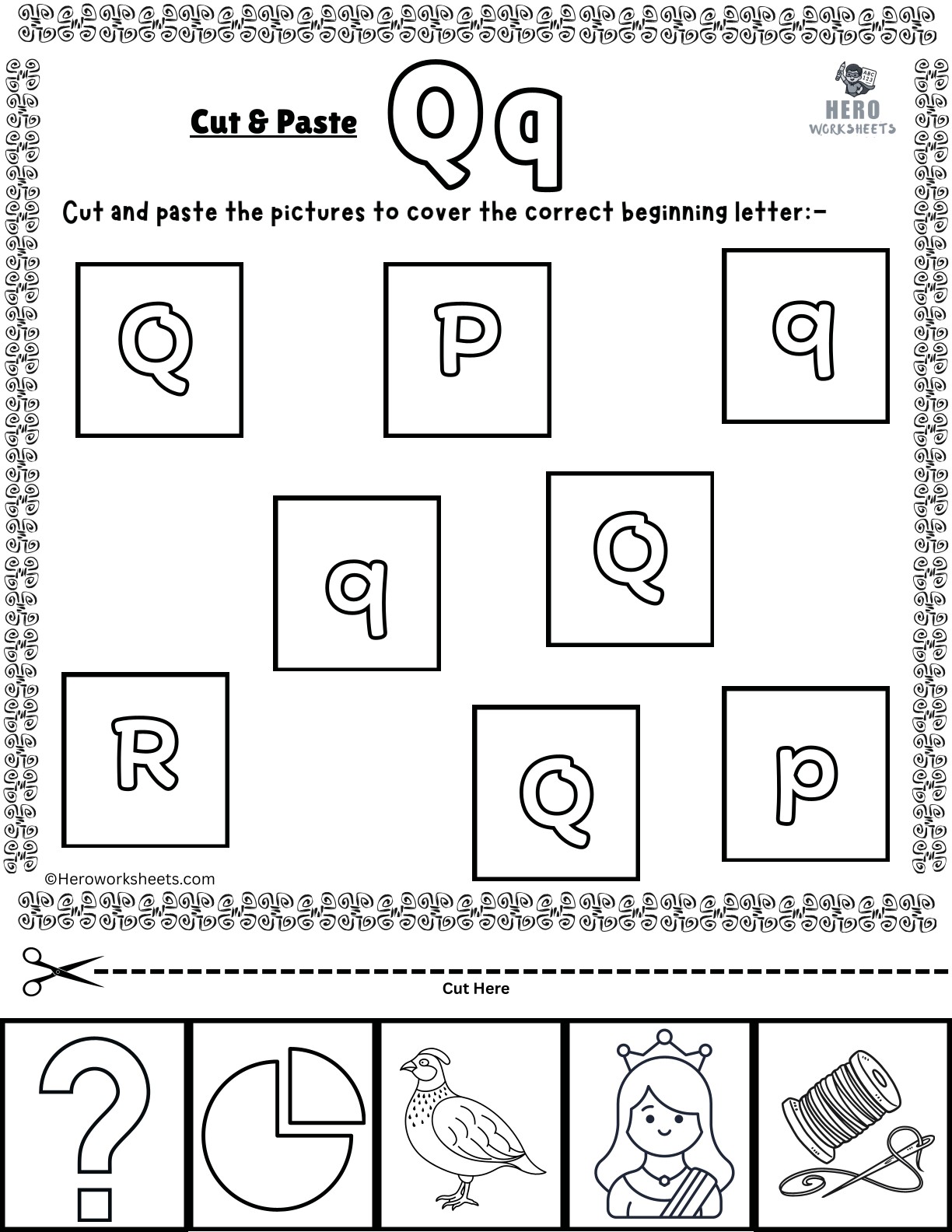 Alphabet Letter Q Cut and Paste Worksheets Printable