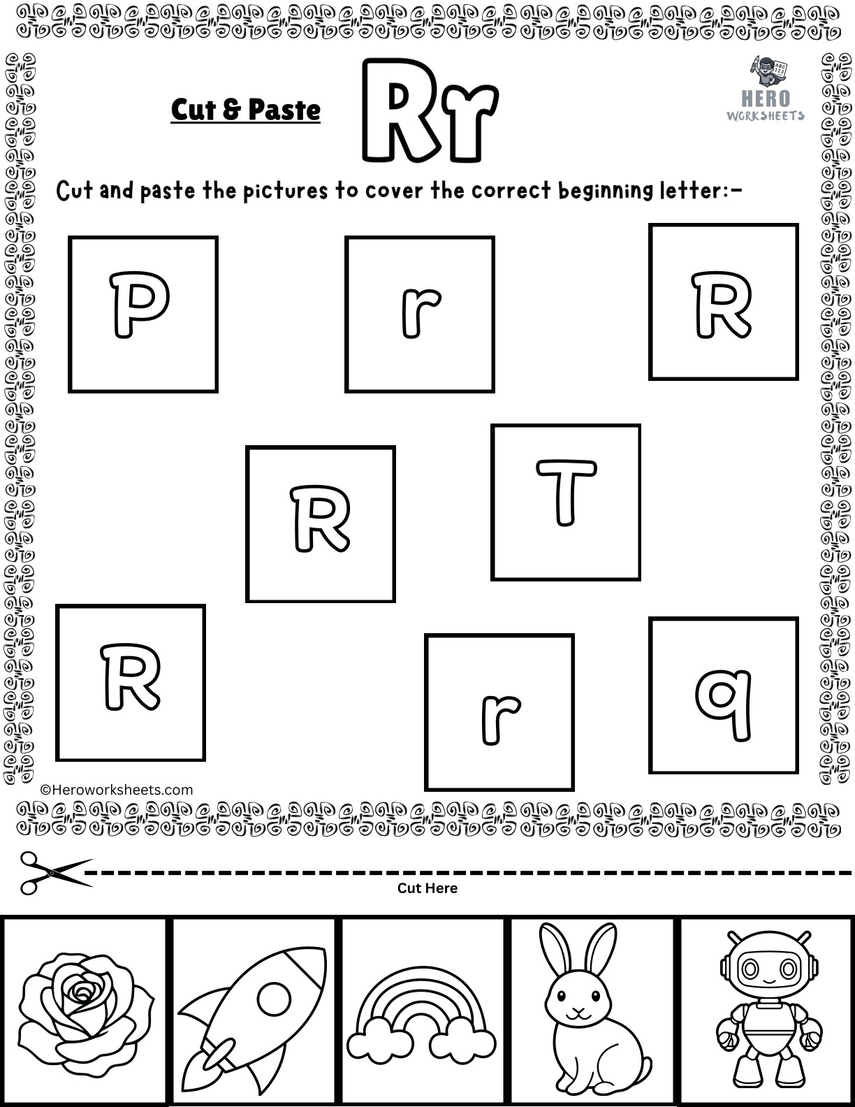 Alphabet Letter R Cut and Paste Worksheets Printable