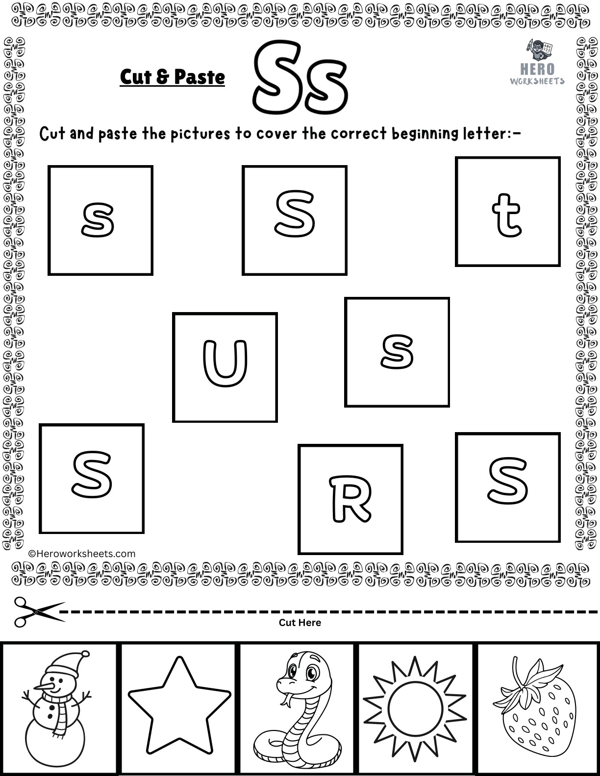 Alphabet Letter S Cut and Paste Worksheets Printable