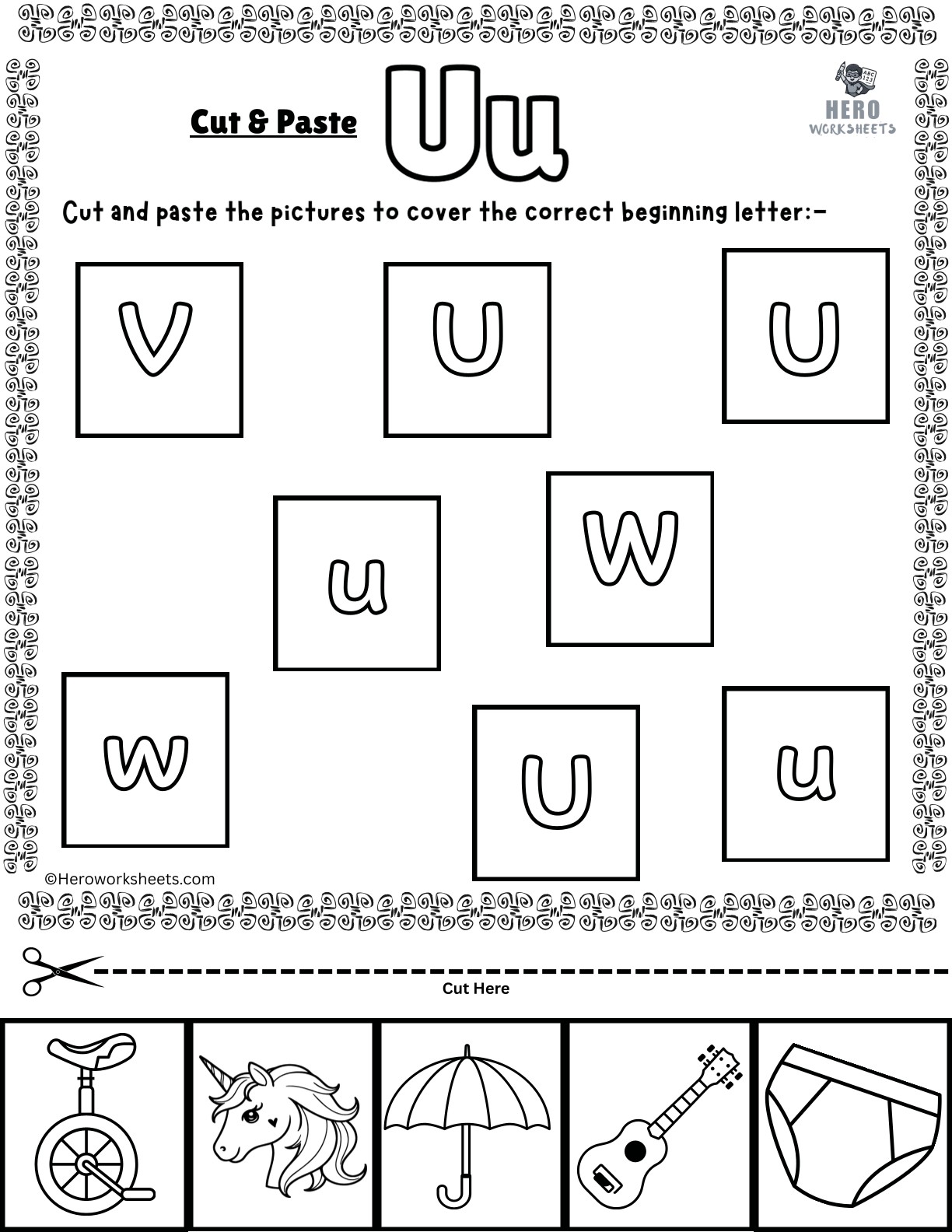 Alphabet Letter U Cut and Paste Worksheets Printable