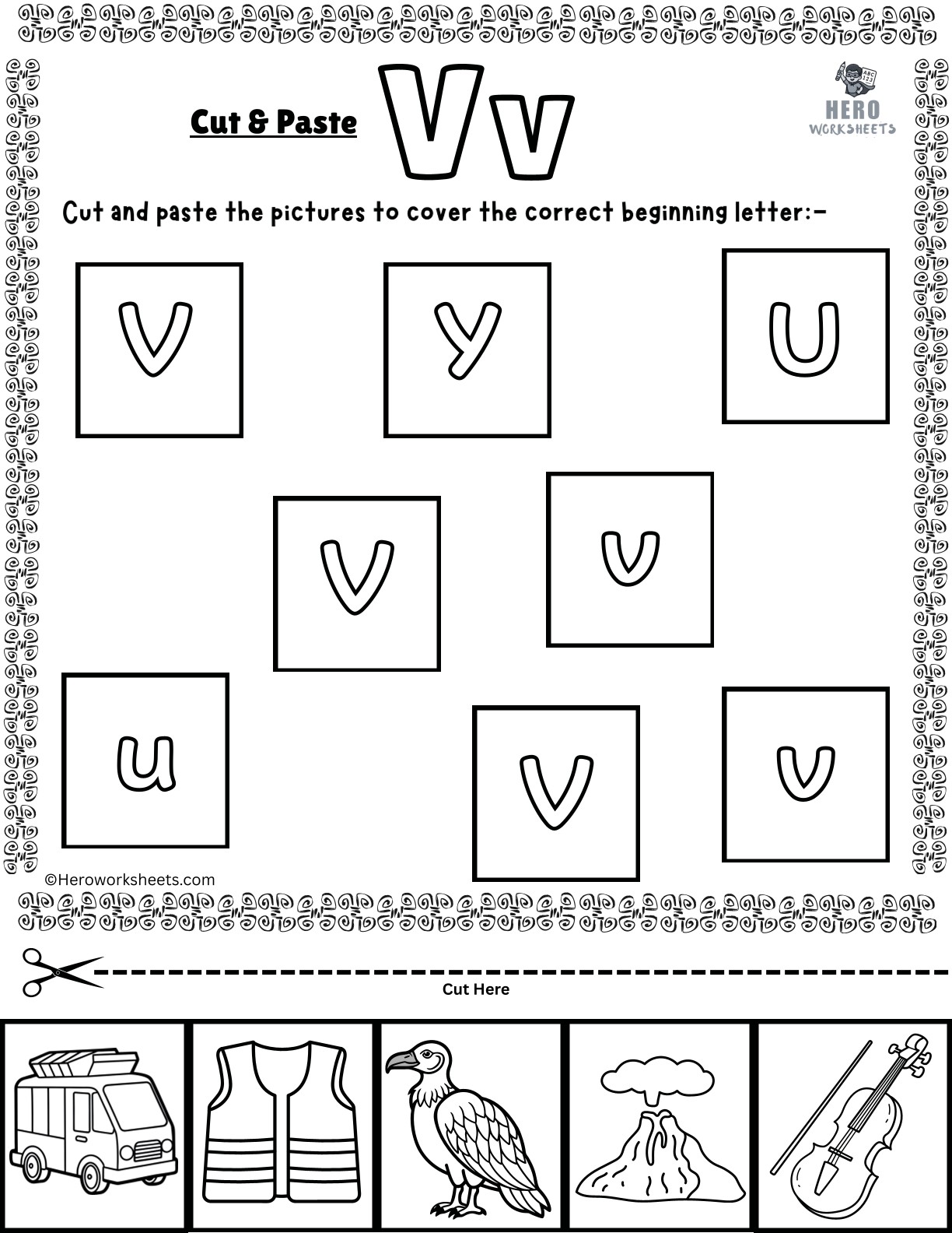 Alphabet Letter V Cut and Paste Worksheets Printable