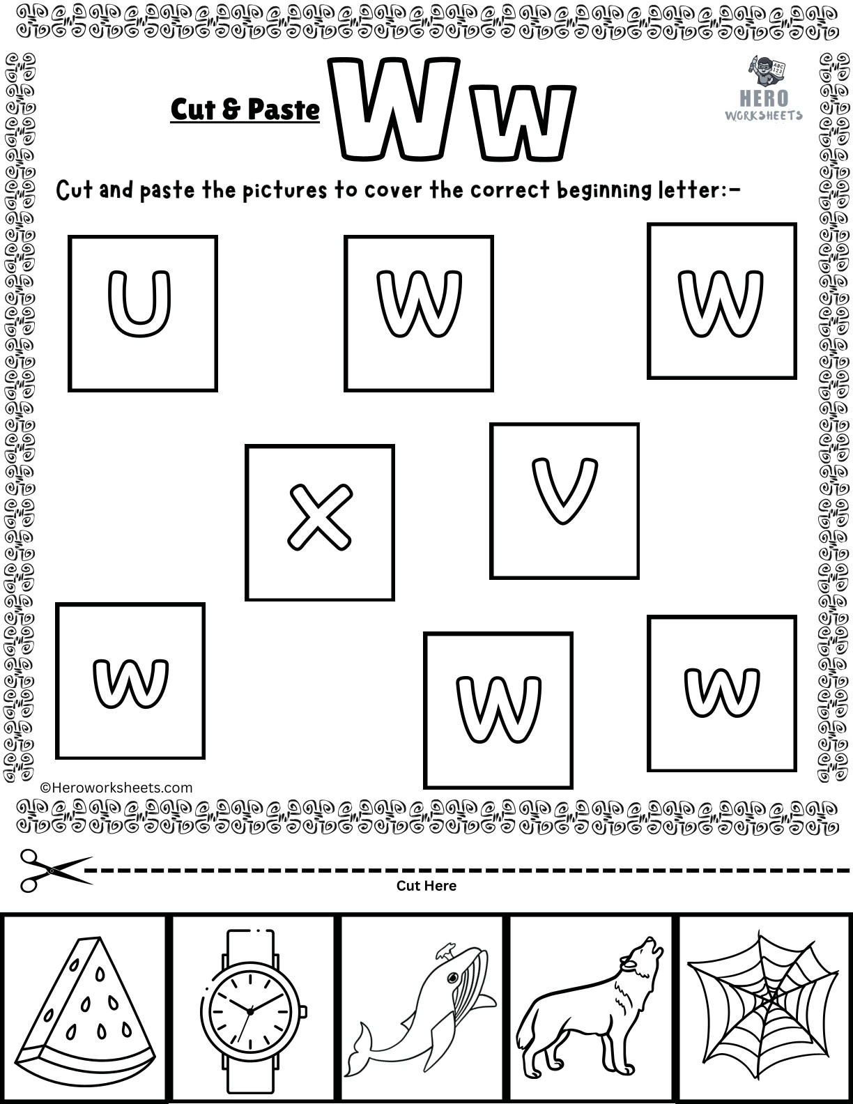 Alphabet Letter W Cut and Paste Worksheets Printable