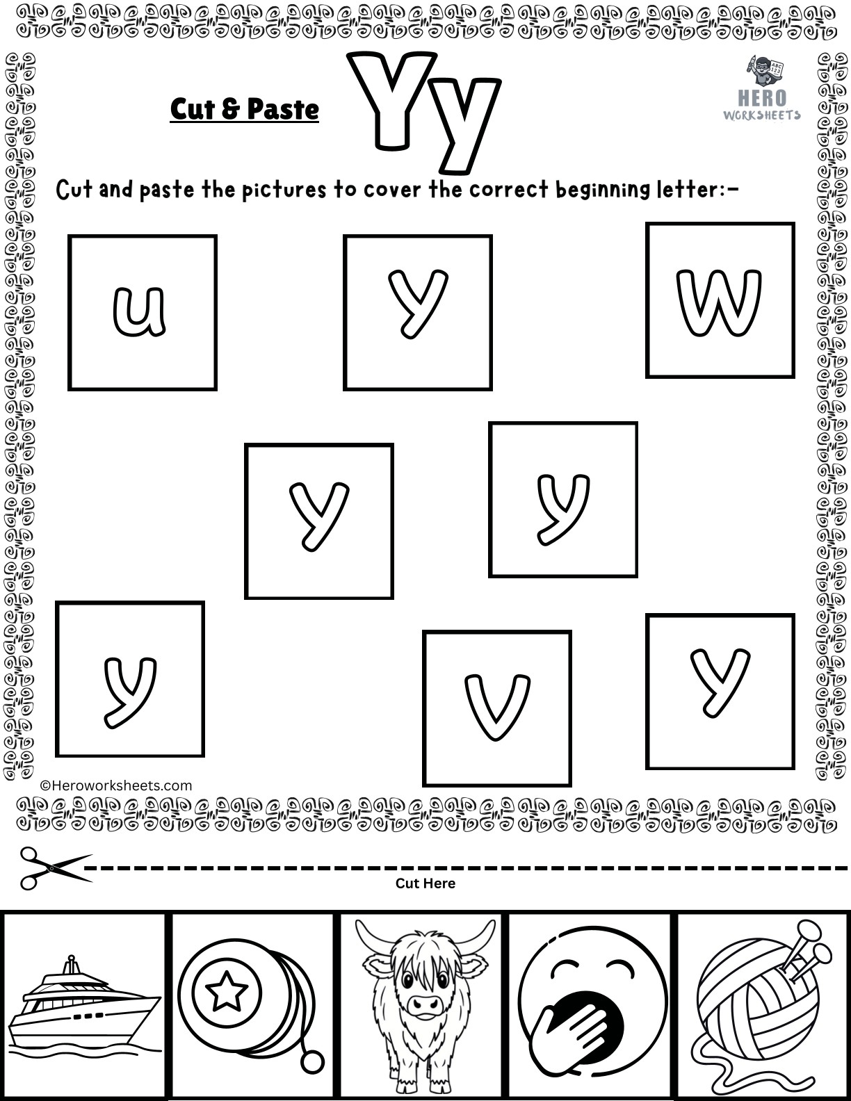 Alphabet Letter Y Cut and Paste Worksheets Printable