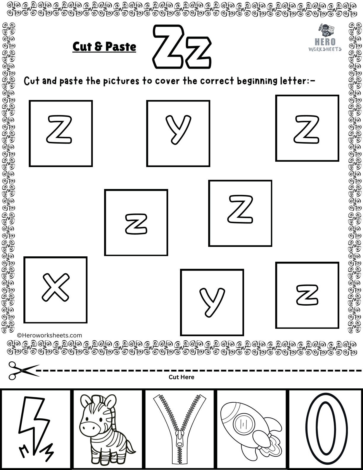 Alphabet Letter Z Cut and Paste Worksheets Printable