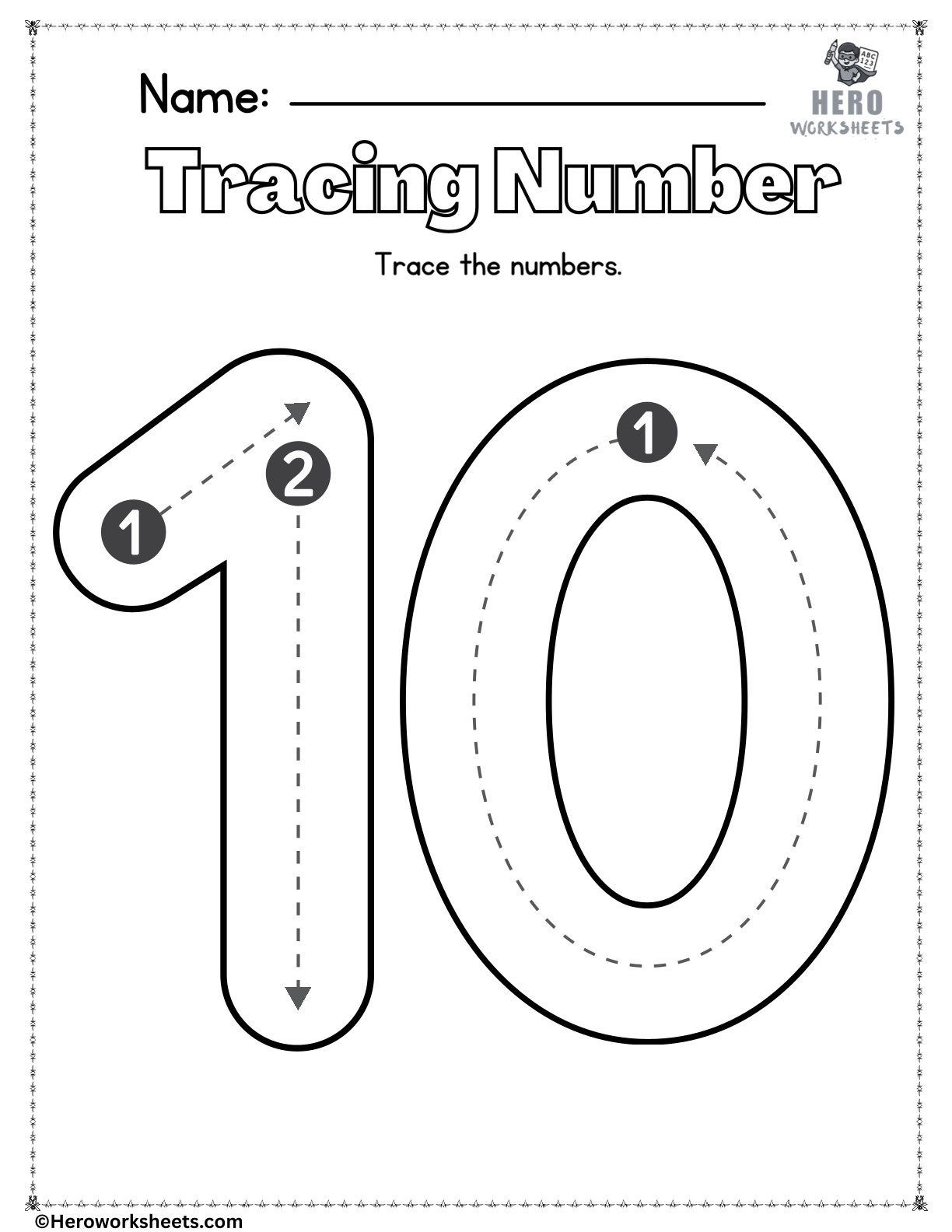 Number 10 to Trace Printable Worksheet