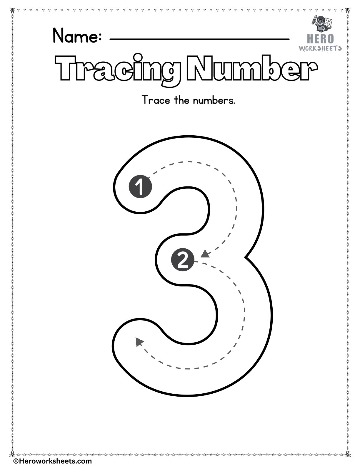 Number 3 to Trace Printable Worksheet