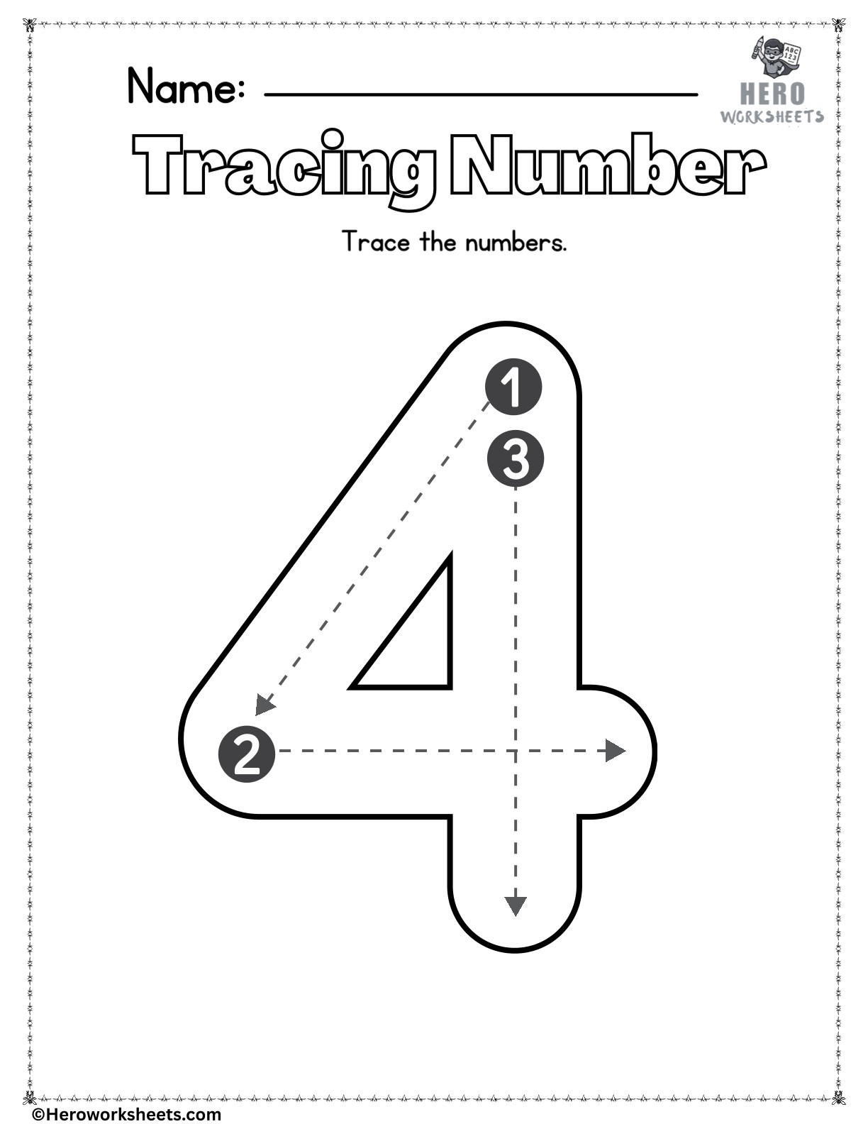 Number 4 to Trace Printable Worksheet