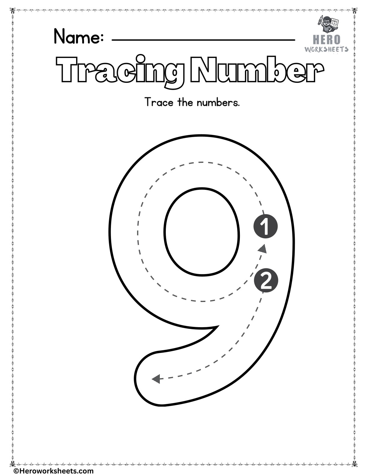 Number 9 to Trace Printable Worksheet